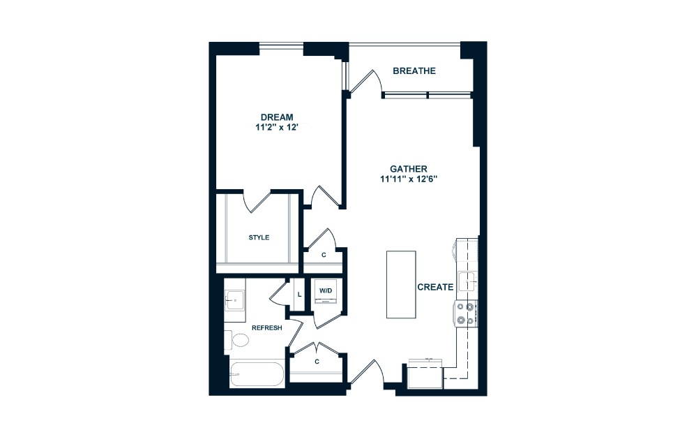 A1 - 1 bedroom floorplan layout with 1 bath and 693 square feet. (2D)