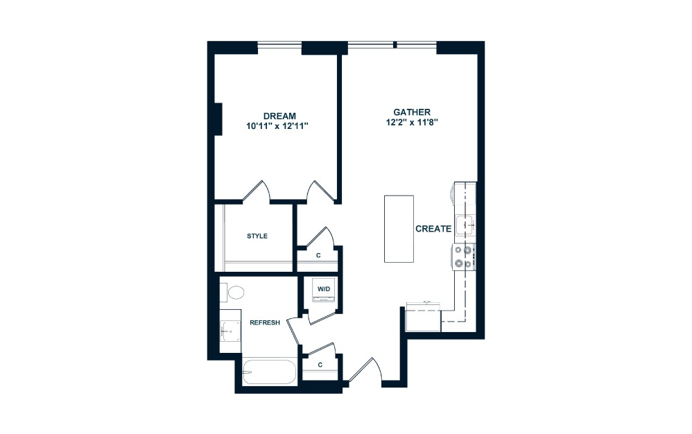 A2.ANSI - 1 bedroom floorplan layout with 1 bath and 708 square feet. (2D)