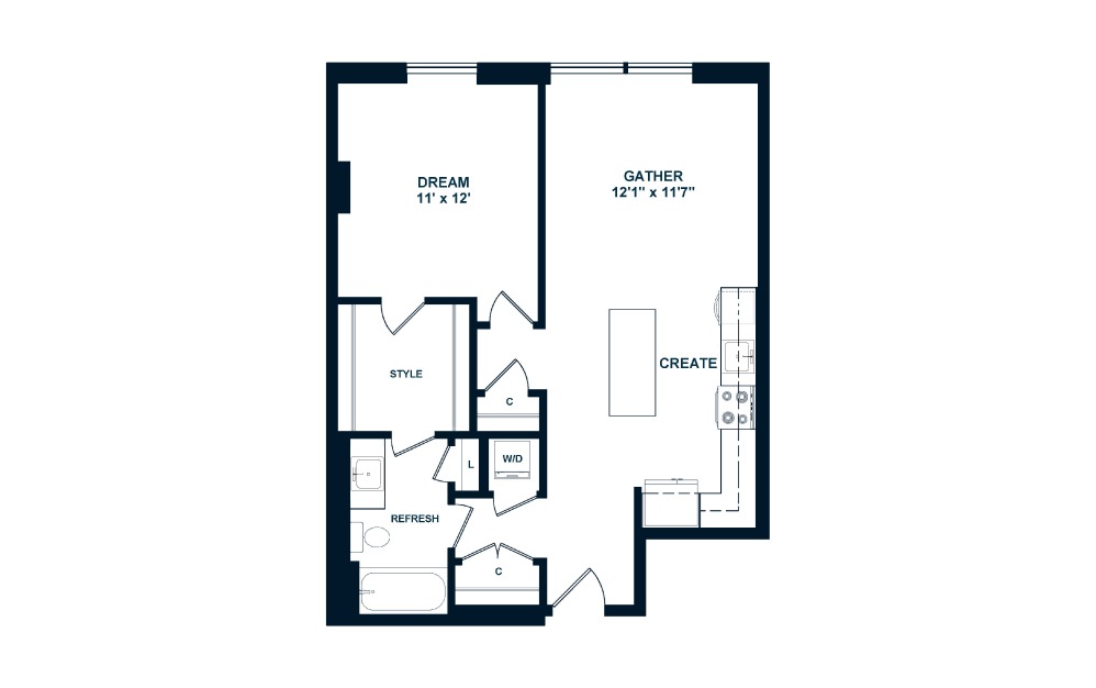 A2 - 1 bedroom floorplan layout with 1 bath and 708 square feet. (2D)