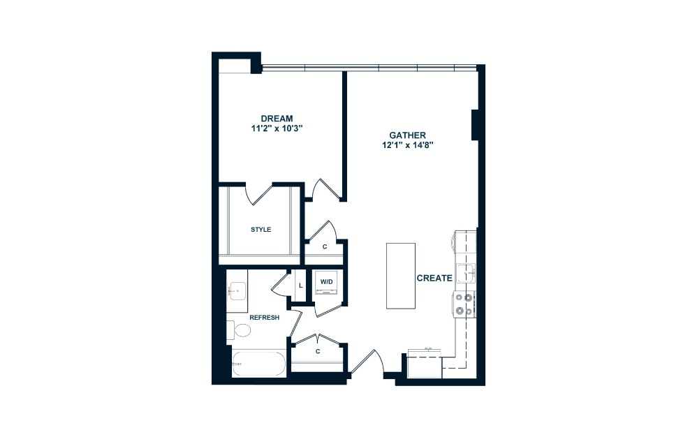 A3  - 1 bedroom floorplan layout with 1 bath and 710 square feet. (2D)