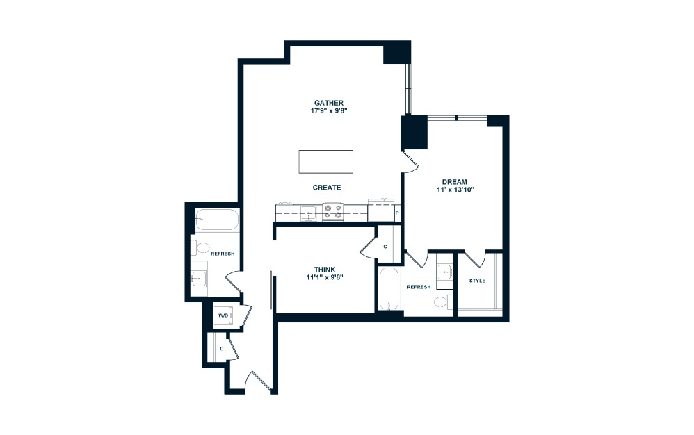 C1 with Den - 1 + Den floorplan layout with 2 baths and 938 to 939 square feet. (2D)