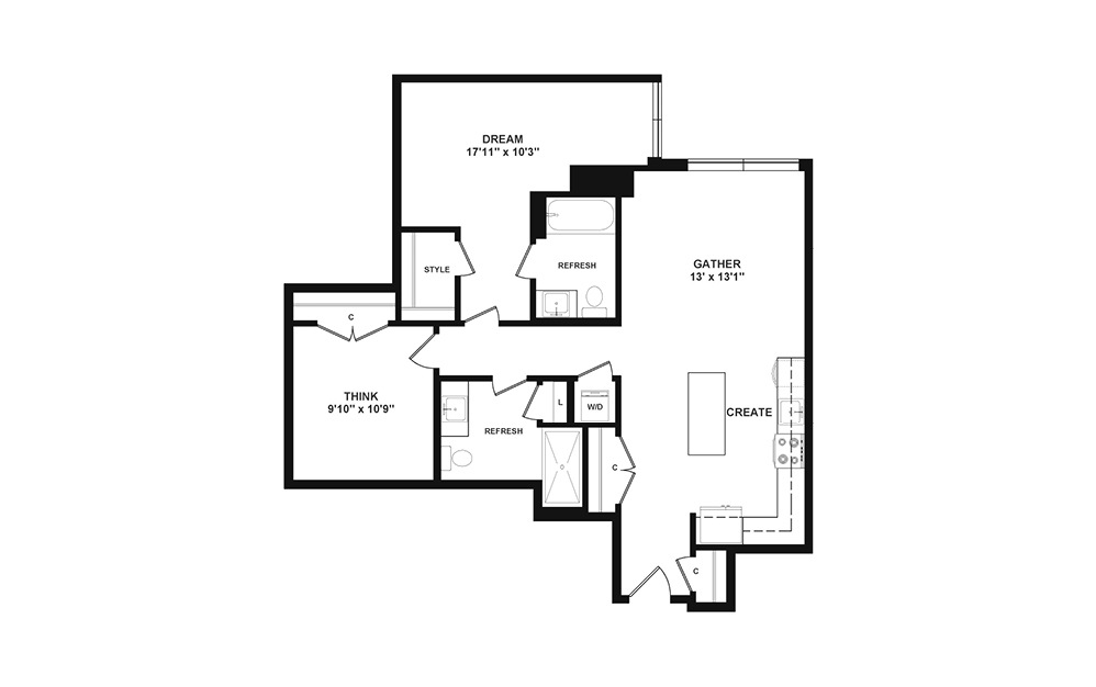 C2.ANSI with Den - 1 + Den floorplan layout with 2 baths and 996 square feet. (2D)