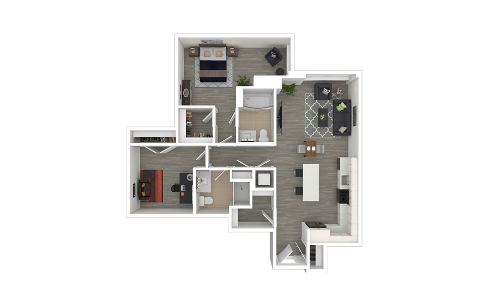 C2 with Den - 1 + Den floorplan layout with 2 baths and 991 square feet. (3D Furnished)