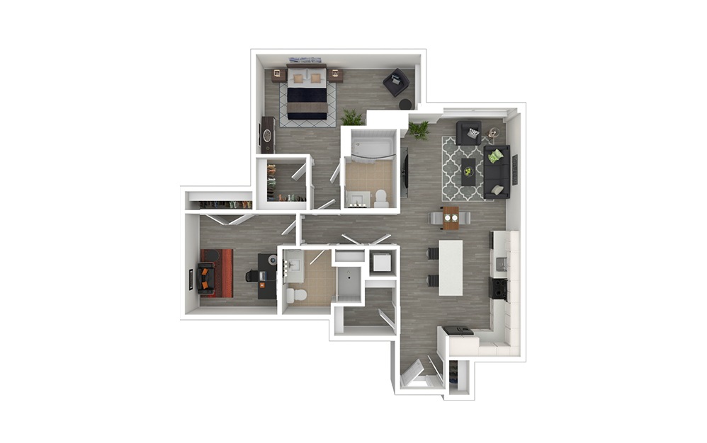 C2 with Den - 1 + Den floorplan layout with 2 baths and 991 square feet. (3D)