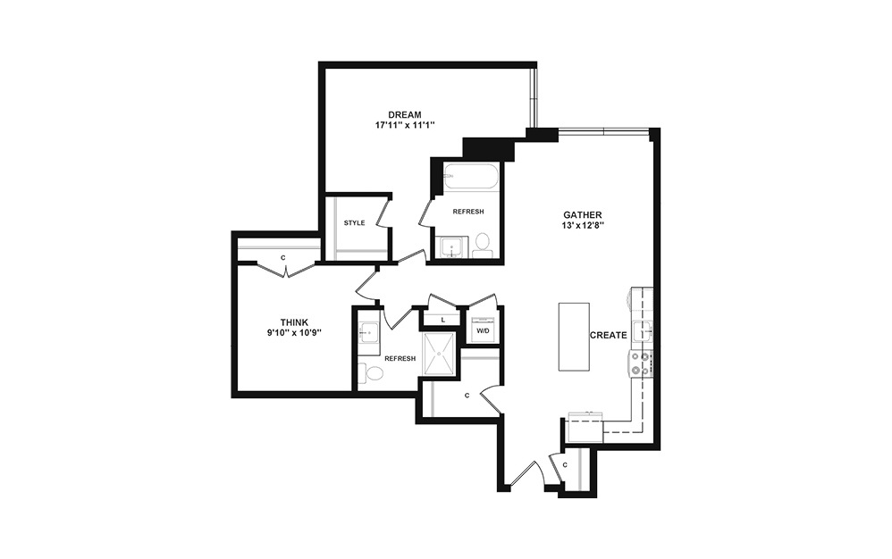 C2 with Den - 1 + Den floorplan layout with 2 baths and 991 square feet. (2D)