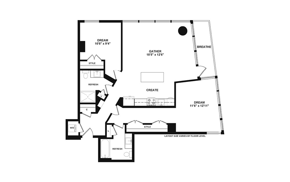 D3 - 2 bedroom floorplan layout with 2 baths and 1024 to 1149 square feet. (2D)