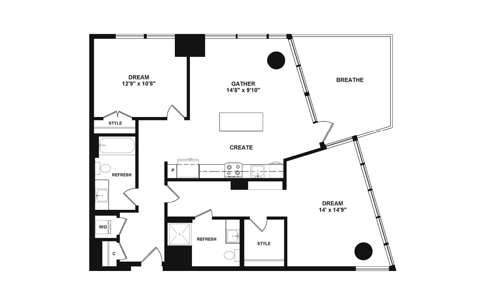 D4.ANSI - 2 bedroom floorplan layout with 2 baths and 1068 square feet. (2D)