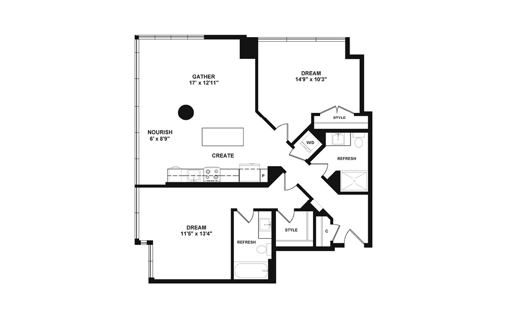 D5.1 - 2 bedroom floorplan layout with 2 baths and 1132 square feet. (2D)