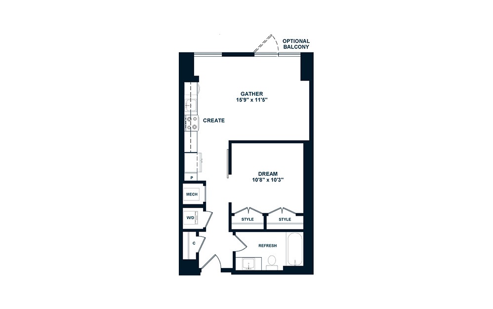 JA1.1 - 1 bedroom floorplan layout with 1 bath and 573 square feet. (2D)