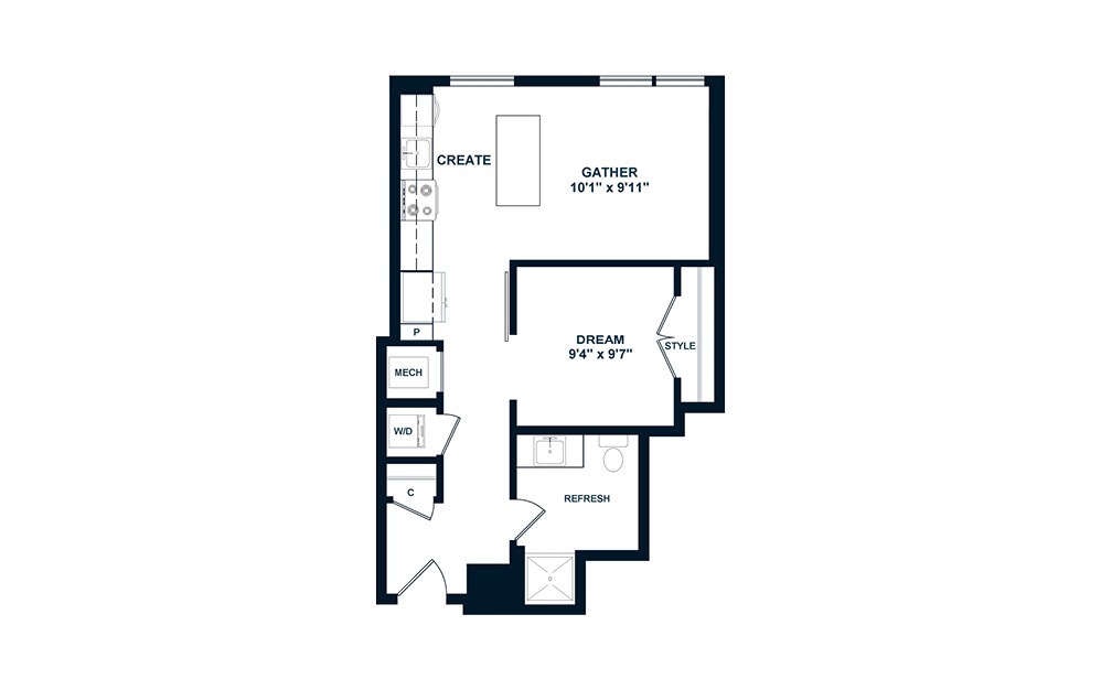 JA2.ANSI - 1 bedroom floorplan layout with 1 bath and 567 to 570 square feet. (2D)