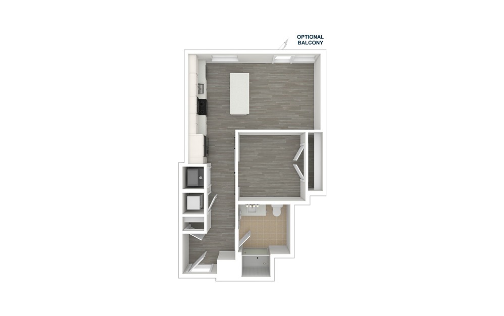 JA2 - 1 bedroom floorplan layout with 1 bath and 567 square feet. (3D)