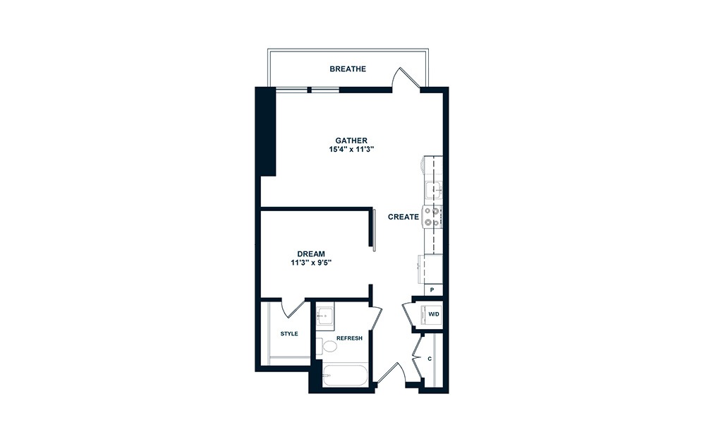 JA3 - 1 bedroom floorplan layout with 1 bath and 594 to 600 square feet. (2D)