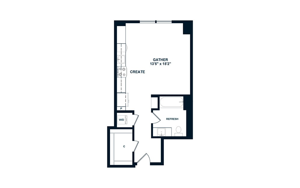 S1 - Studio floorplan layout with 1 bath and 470 to 479 square feet. (2D)