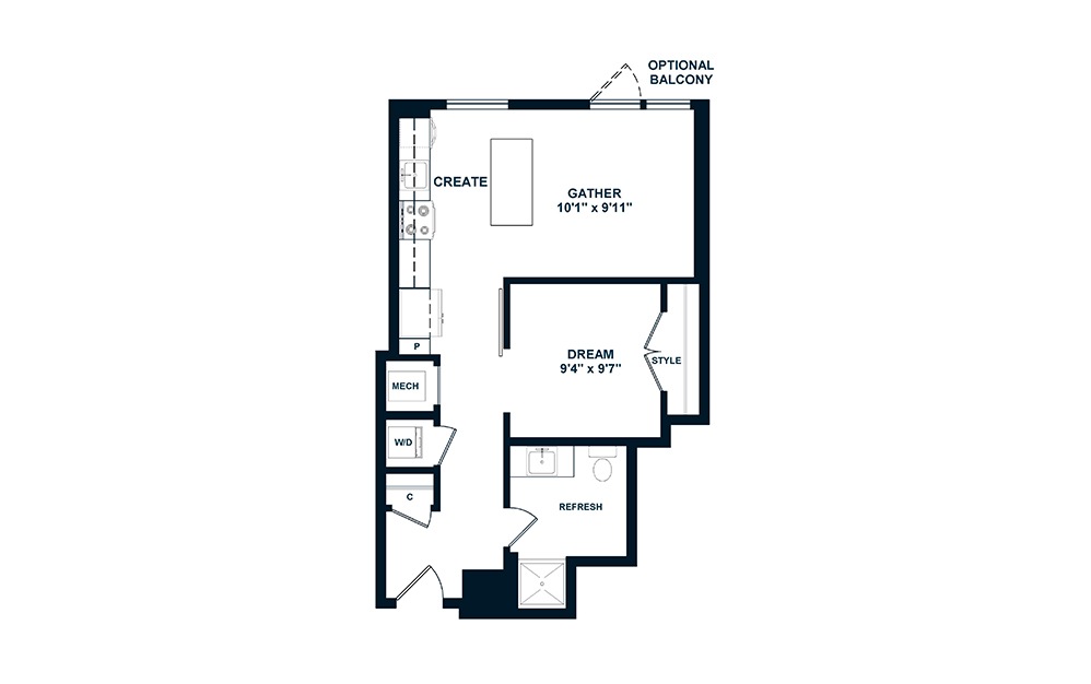 JA2 - 1 bedroom floorplan layout with 1 bath and 567 square feet. (2D)